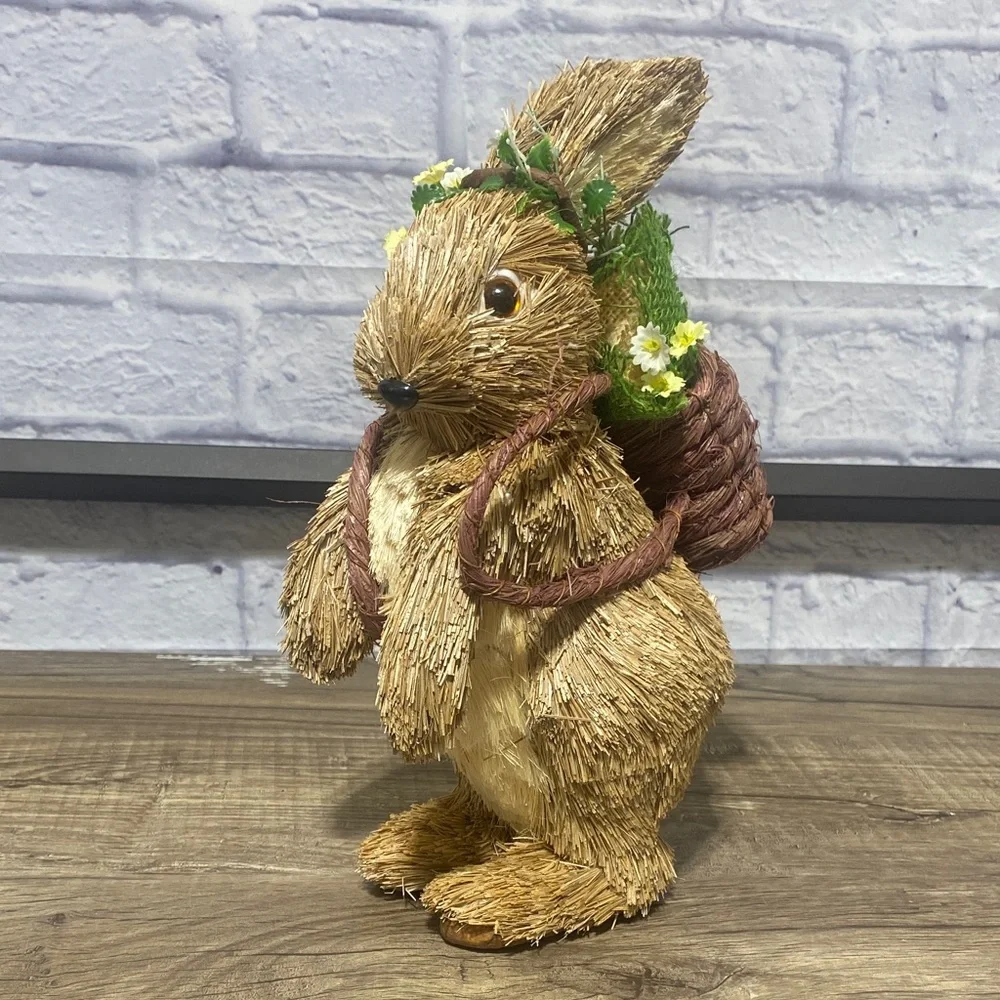Pier 1 Straw Bunny with Green and White Floral Accents